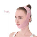 Pink V-line face slimming bandage for chin and cheek lifting, adjustable anti-aging facial massage beauty tool.