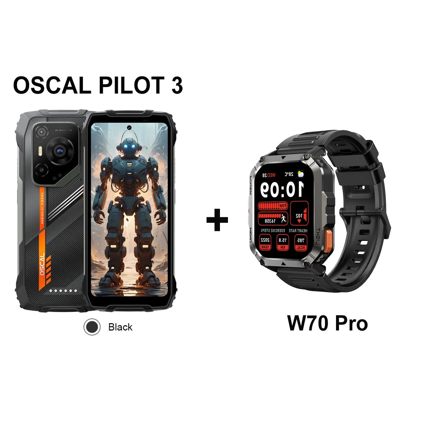 Blackview OSCAL PILOT 3 5G rugged smartphone in black with W70 Pro smartwatch bundle, front and rear view.