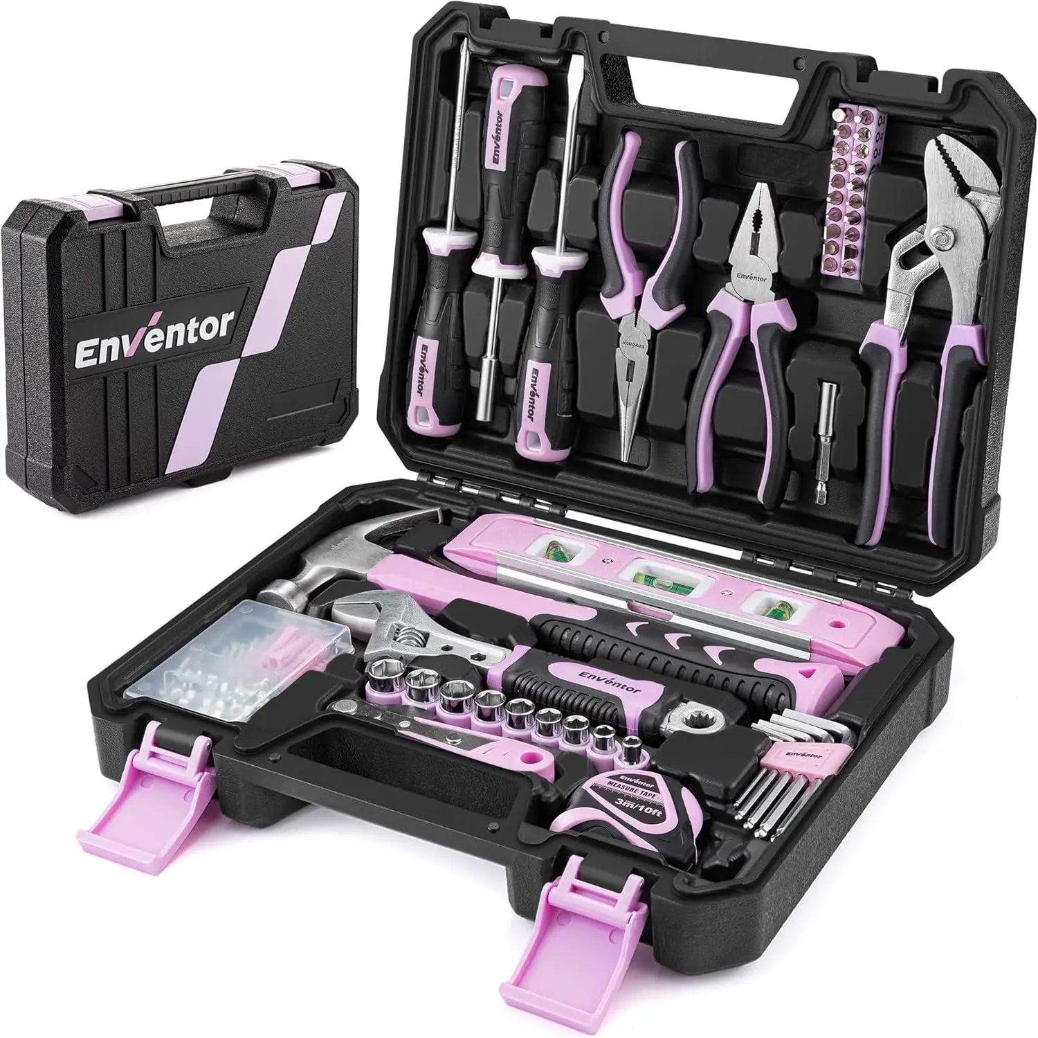 ENVENTOR Small Tool Case for Women, Household Tool Set, Tool Box Pink, Universal Complete with Tools Hand Tool, Tool Kit Fitted 158-Pcs, for Household DIY