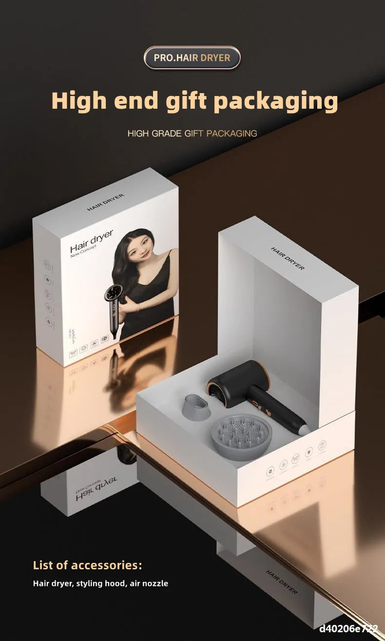 2400W high-speed negative ion hair dryer in gift box with styling diffuser and nozzle, sleek black and gold design.