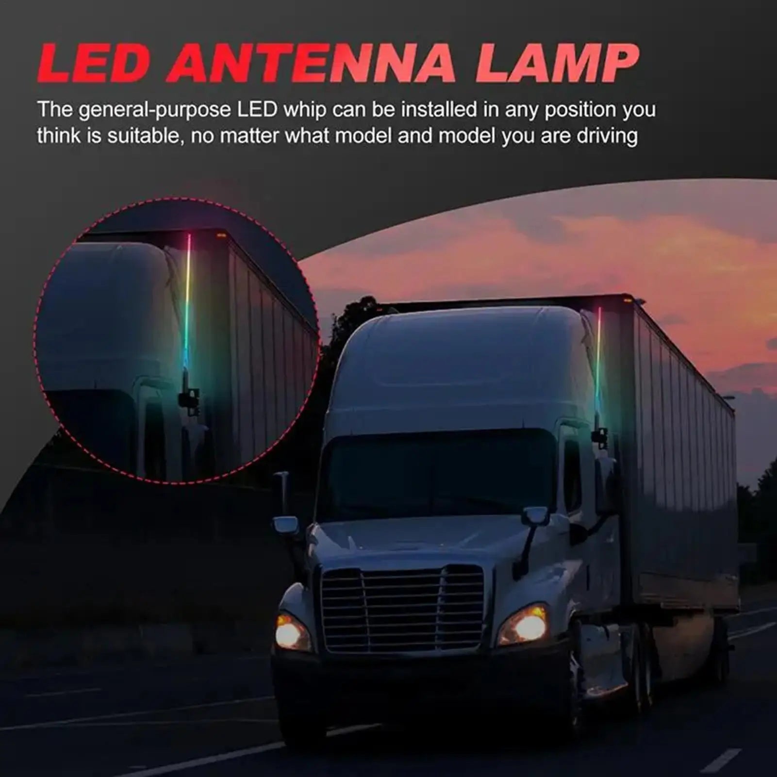 Long, flexible LED whip antenna emitting multi-colored light, mounted on a semi-truck for visibility.