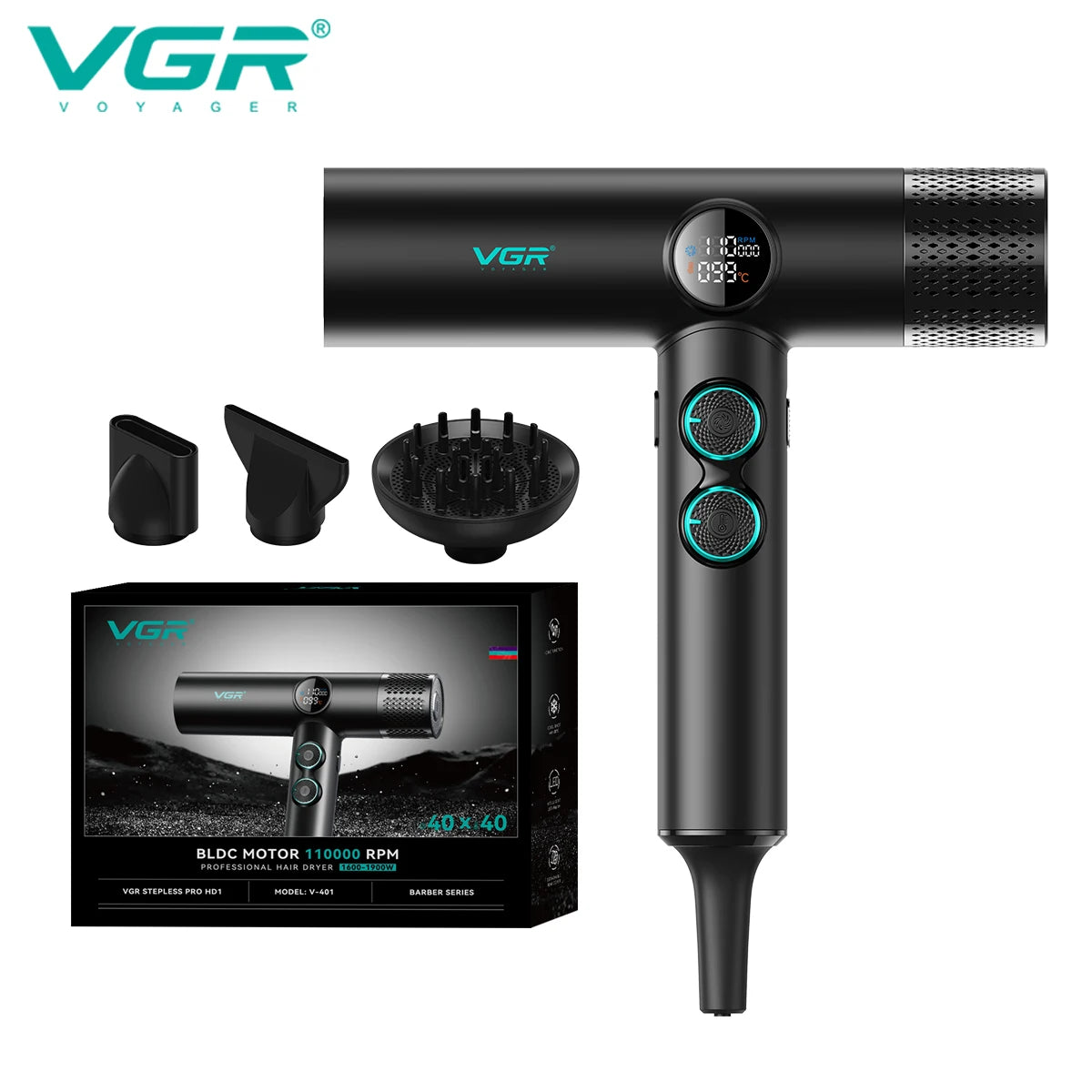 VGR V-401 black professional hair dryer with digital display, brushless motor, and 3 styling attachments for salons.