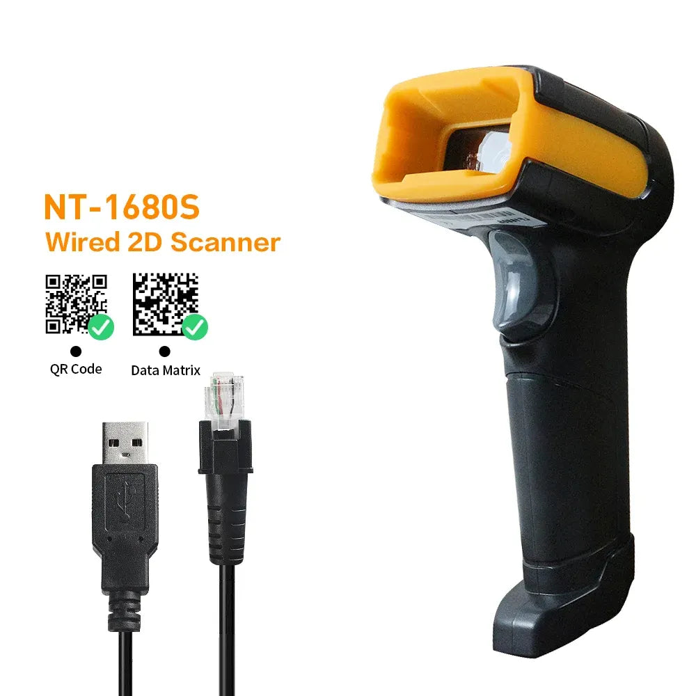 1680S wired 2D barcode scanner with QR and Data Matrix scanning icons, black and yellow