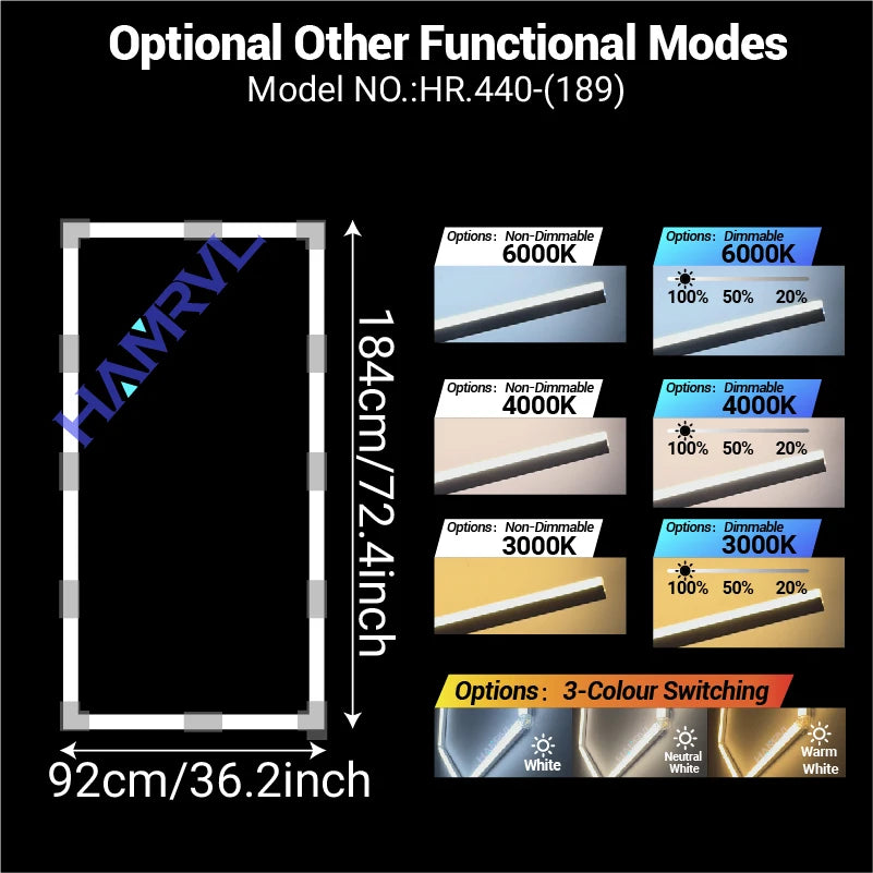Rectangular LED ceiling light sizing diagram, 92cm x 18.4cm