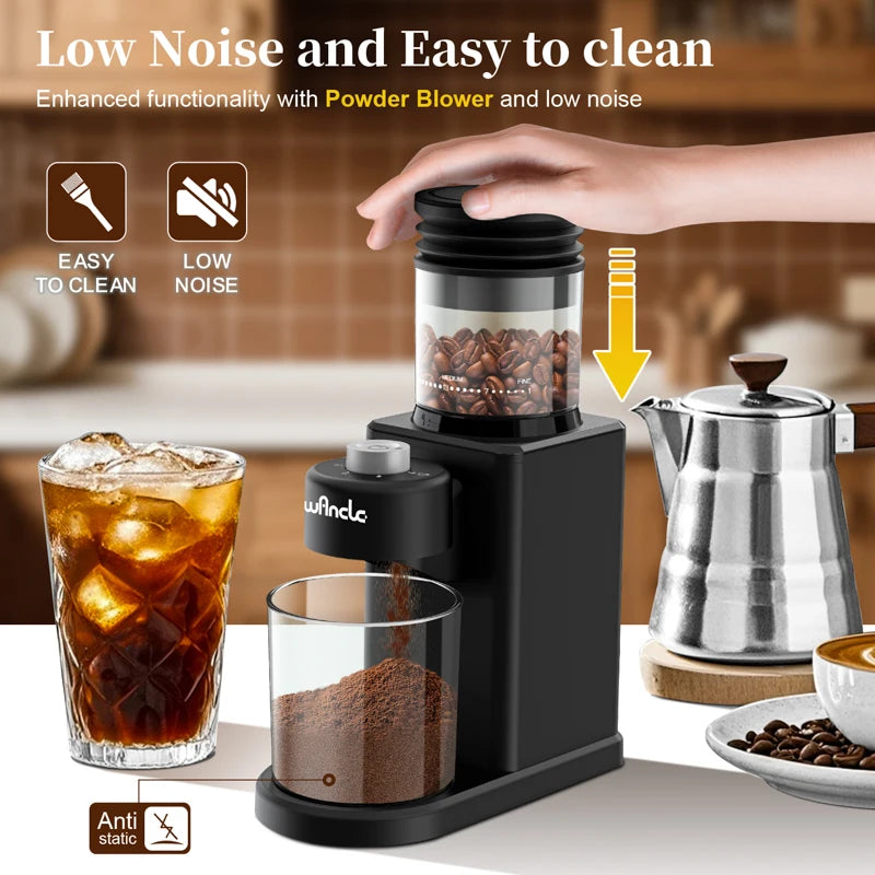Wincl black electric coffee grinder with powder blower, clear bean hopper, and glass grounds container on a table.