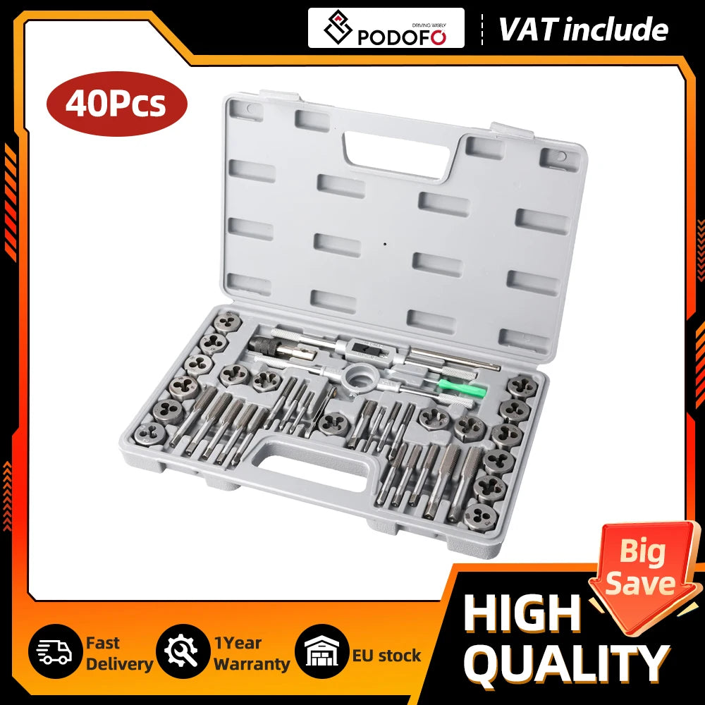Podofo 40Pcs Tap and Die Set Metric Size M3-M12 Hand Threading Tool Kit for Metal Working Thread Repair Tool