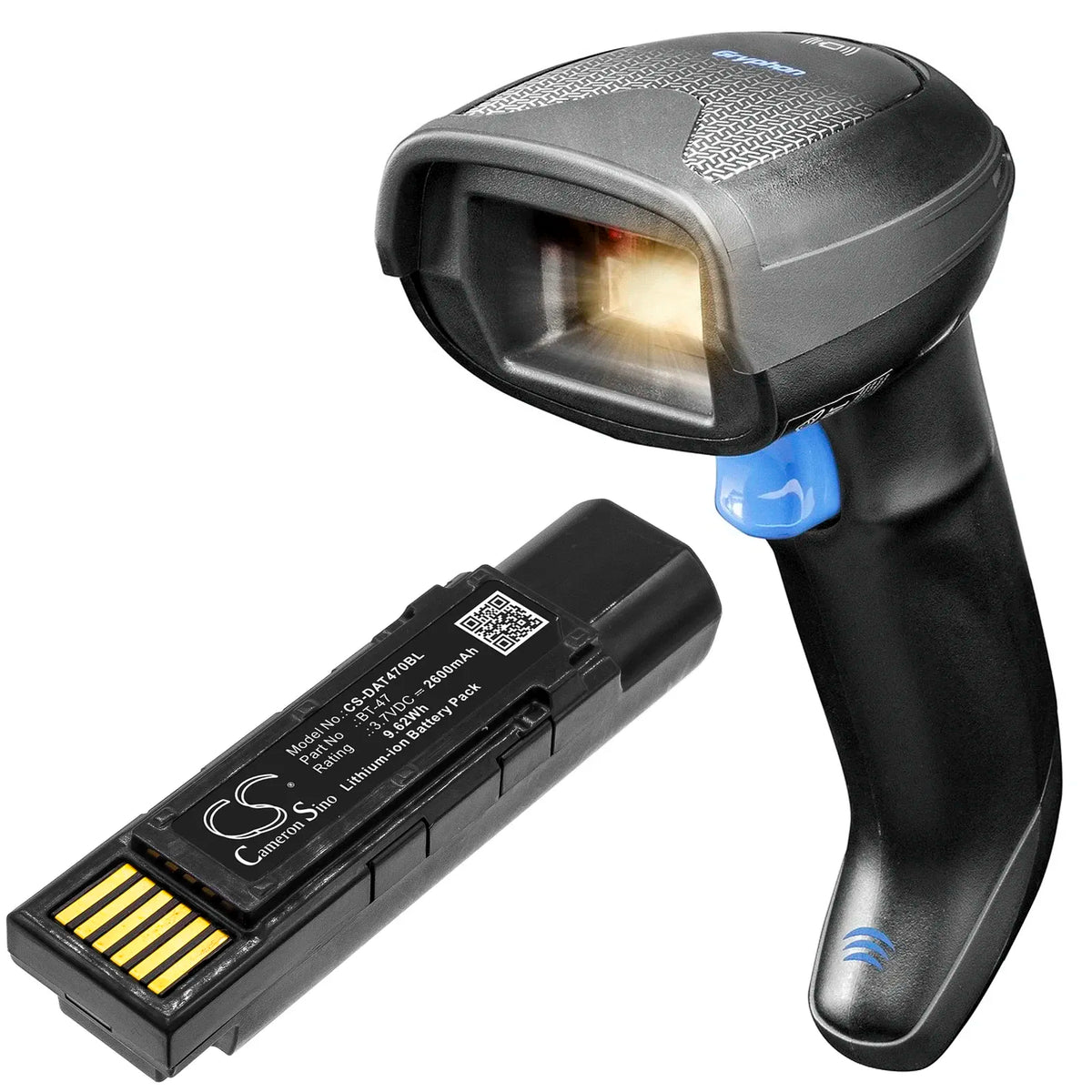 Black barcode scanner with attached black battery cartridge and gold contact strip