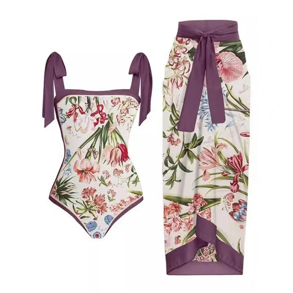 2Pcs/Set Women Monokini Suit Vintage Print One-Piece Square Neck Tie Swimsuit With Skirt Sling Lady Swimsuit With Beach Cover Up