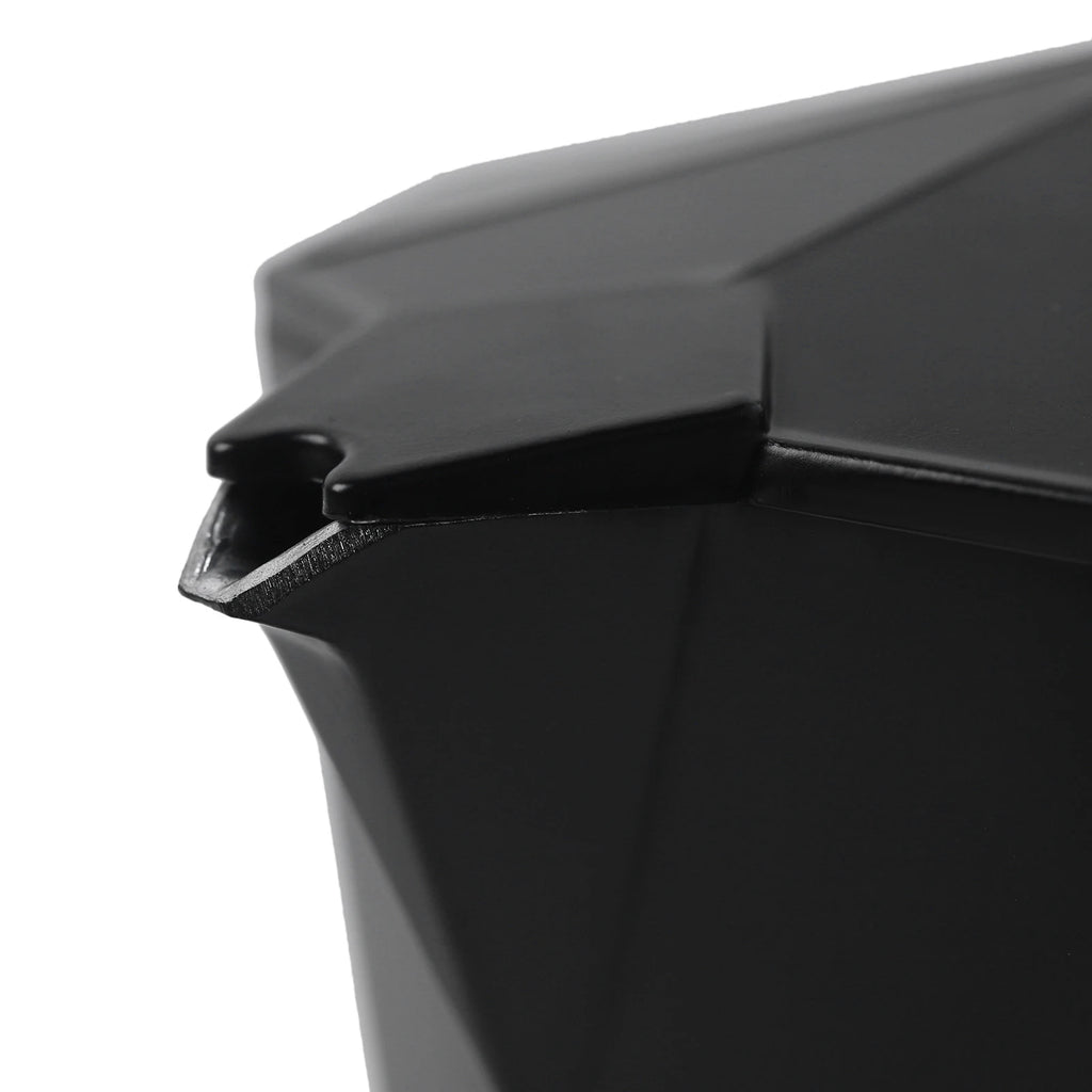 Close-up of a modern matte black geometric moka pot coffee maker spout and lid design.