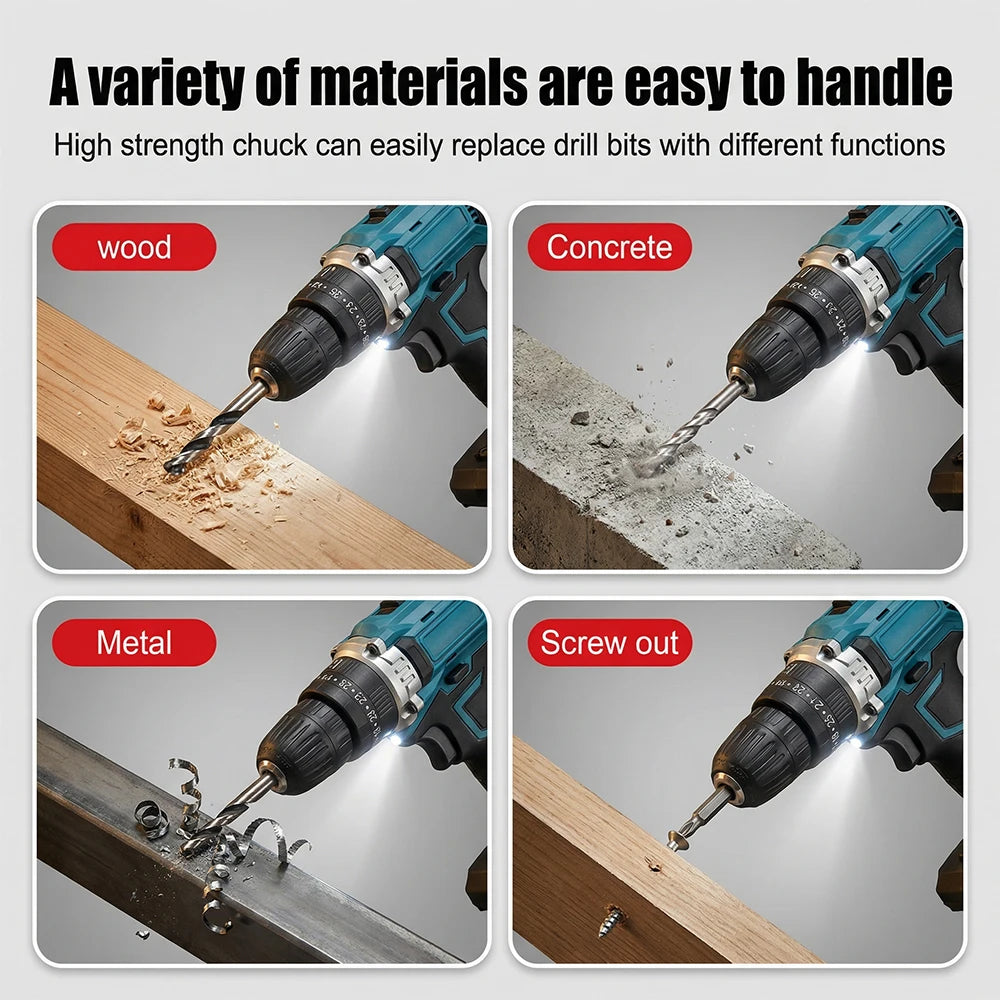 Podofo 21V Lithium Cordless Electric Screwdriver Set Brush Motor 25 Plus 3 Speed Impact Drill Tool With LED Light Two Rechargeable Batteries
