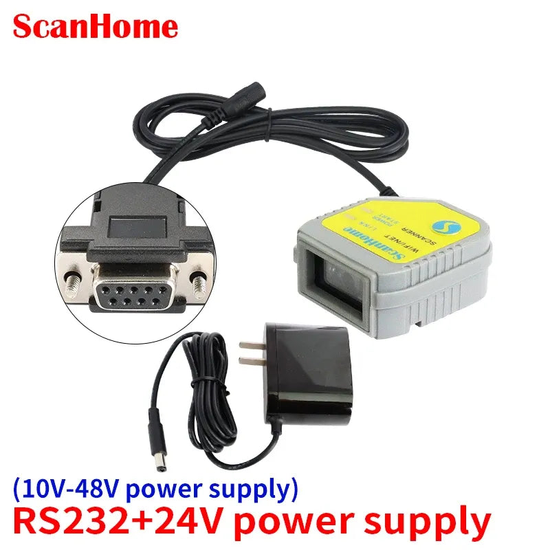 Fixed-mount barcode scanner kit with RS232 interface port and power supply adapter