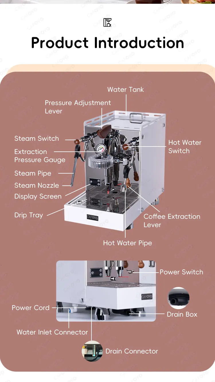 Cafovo white professional espresso machine with pressure gauge, steam wand, and labelled components for barista use.