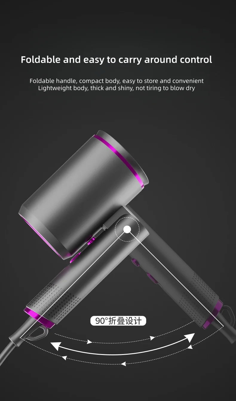 Foldable 2400W hair dryer in grey with purple accents, featuring a compact, portable design for travel and styling.
