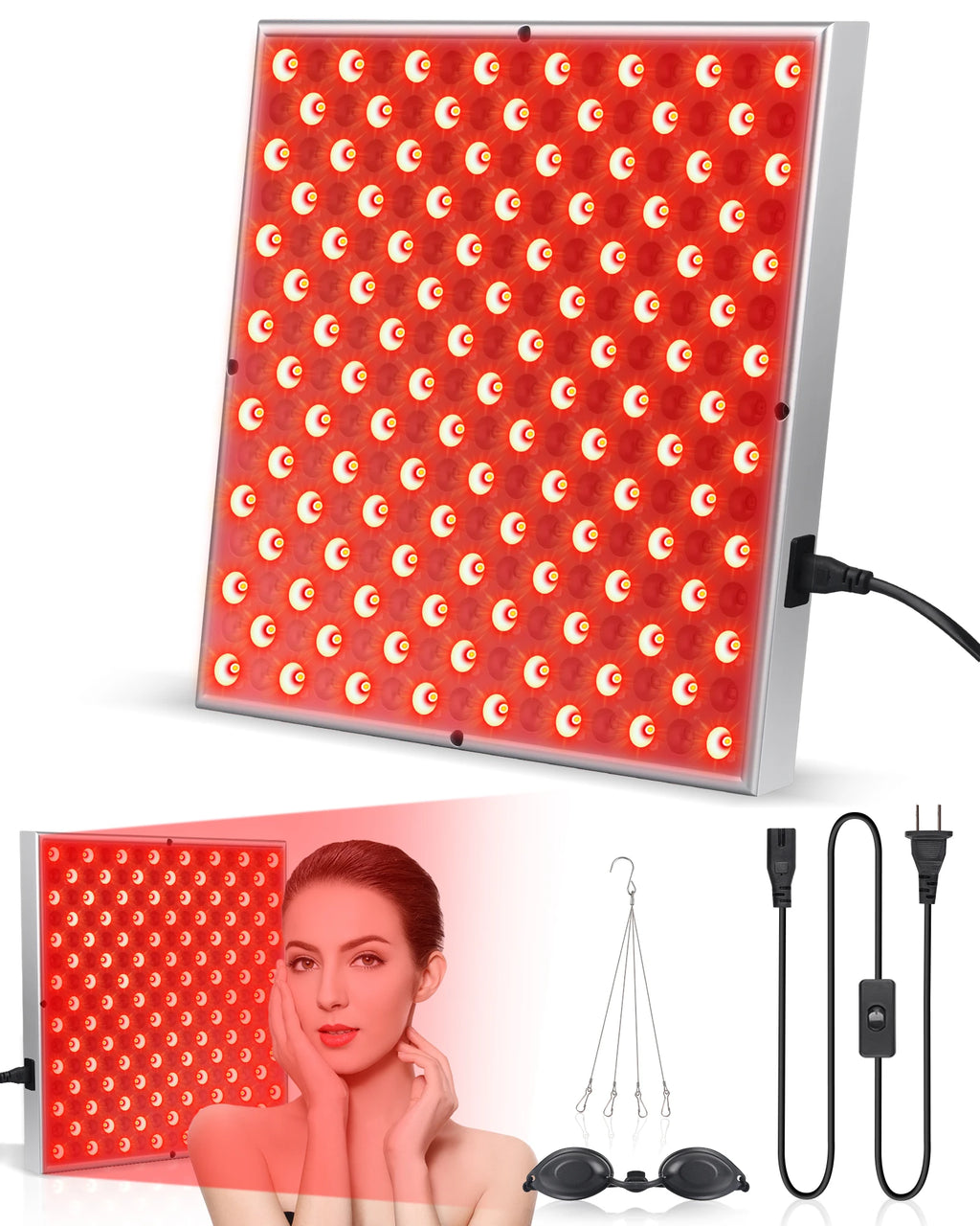 Square LED red light therapy panel for skin care, shown with power cord, hanging kit, protective goggles, and a model.