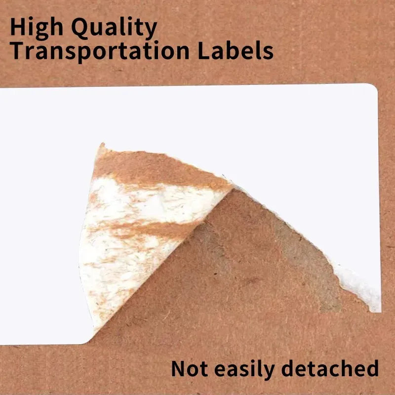 White thermal shipping label sheet with peeling corner showing strong adhesion