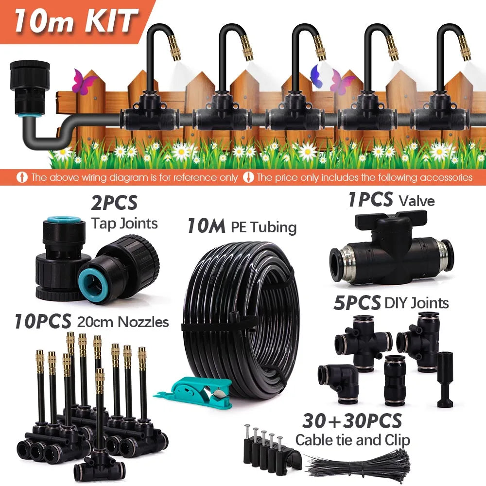 10m garden irrigation system kit with nozzles, tubing, valve, and DIY connectors