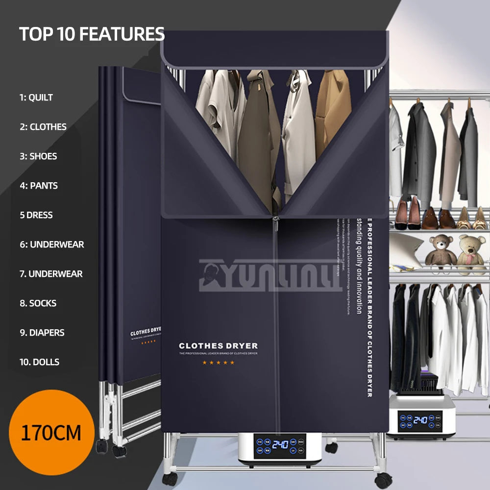 Tidesmit portable foldable clothes dryer with remote control showing internal drying capacity and rack detail