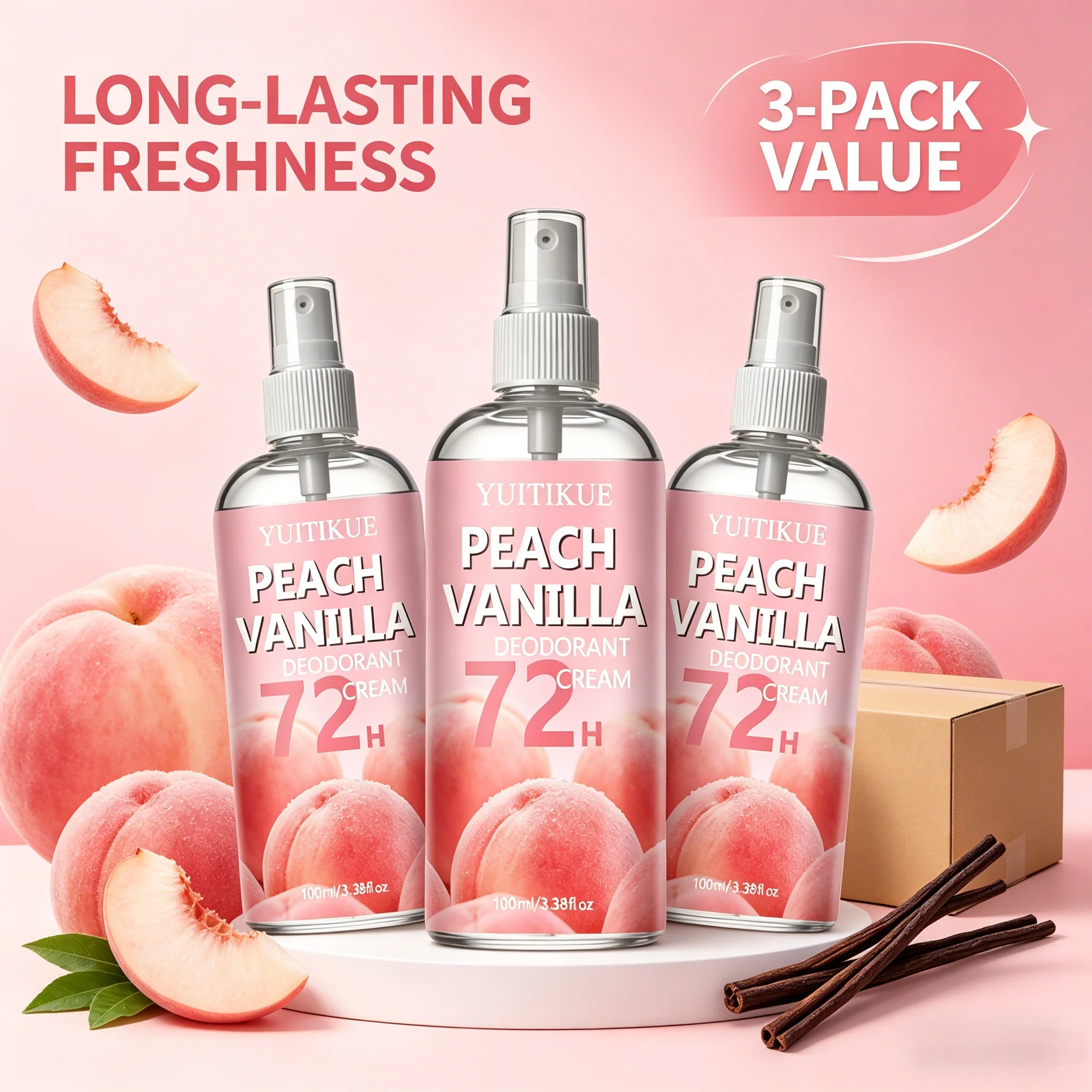 Tidesmit Peach Vanilla 72H long-lasting deodorant spray for body, foot, and shoe odor elimination.