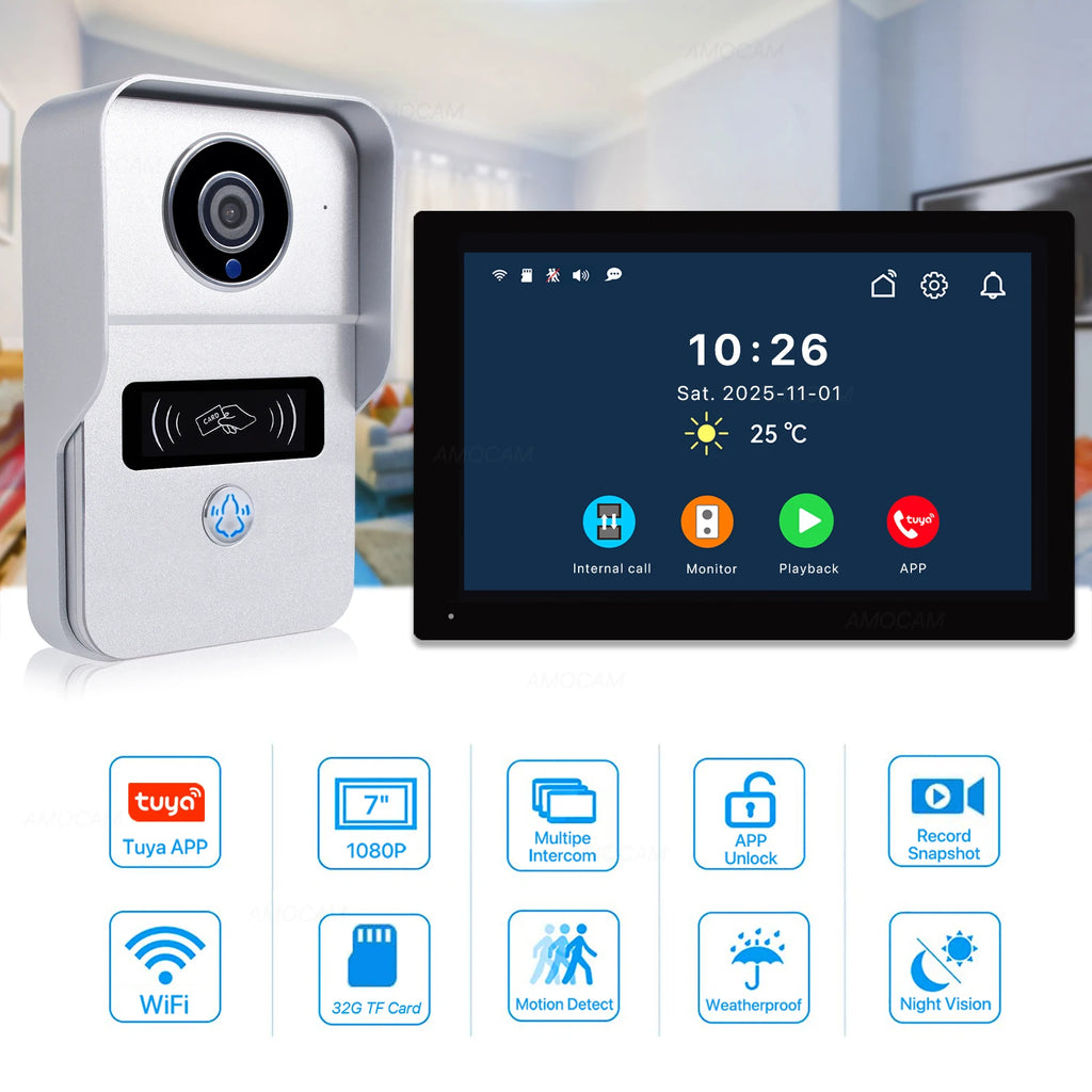 Wireless Wifi Video Doorbell System, 1080P Doorphone Door Camera, 7 Inch Touch Screen, Video Intercom 32GB Card for Home 4 Wire