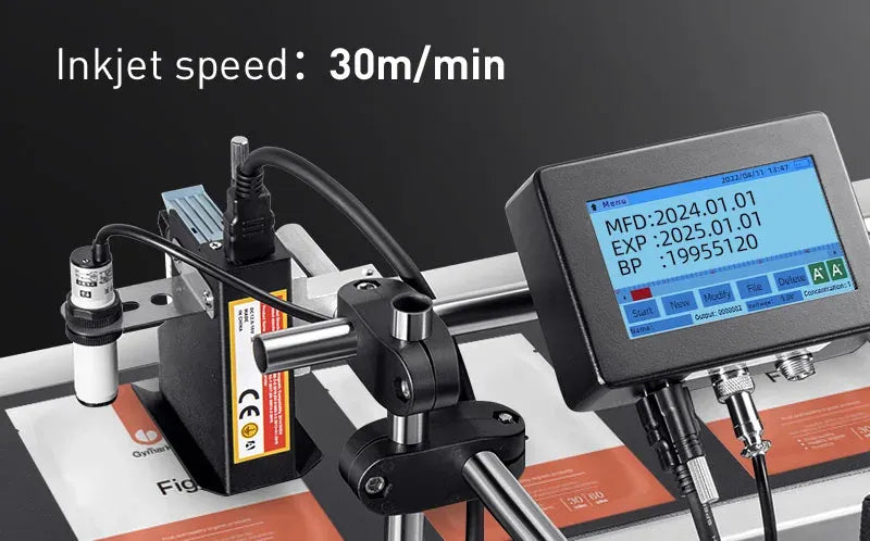 Inkjet print head assembly with touchscreen showing batch/date and barcode layout