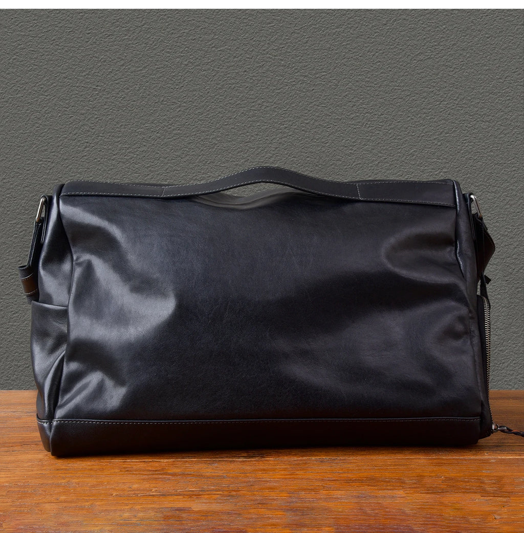 Retro Designer Men New Black Cowskin Genuine Leather Travel Bag Big Capacity Casual Tote Handbag Single Shoulder Crossbody Bag