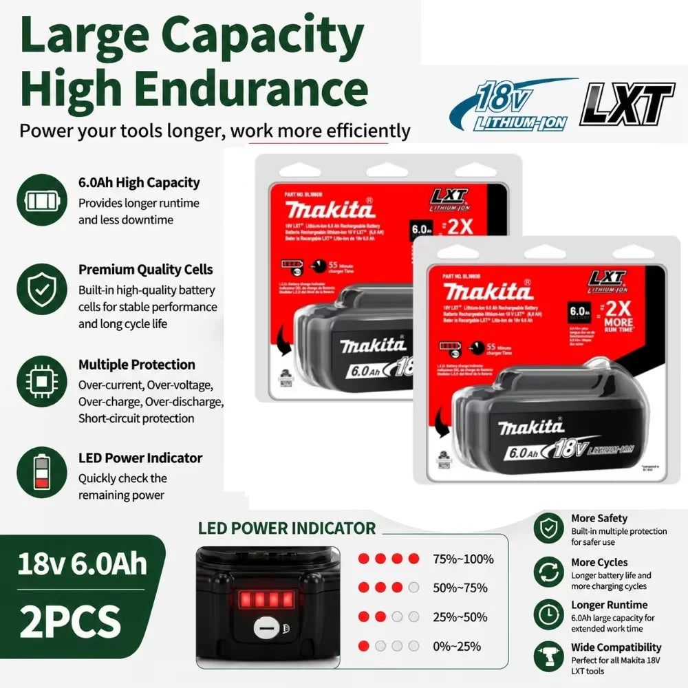 Genuine Makita 18V 6.0Ah battery with charger set for Makita 18V power tool DDF487 DTW700 GBA404 DUC150Z DHR183Z