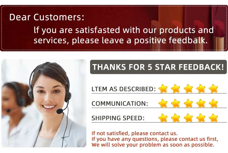 Customer service banner featuring velvet matte lipstick crayons, long-lasting waterproof lip makeup, and 5-star review.