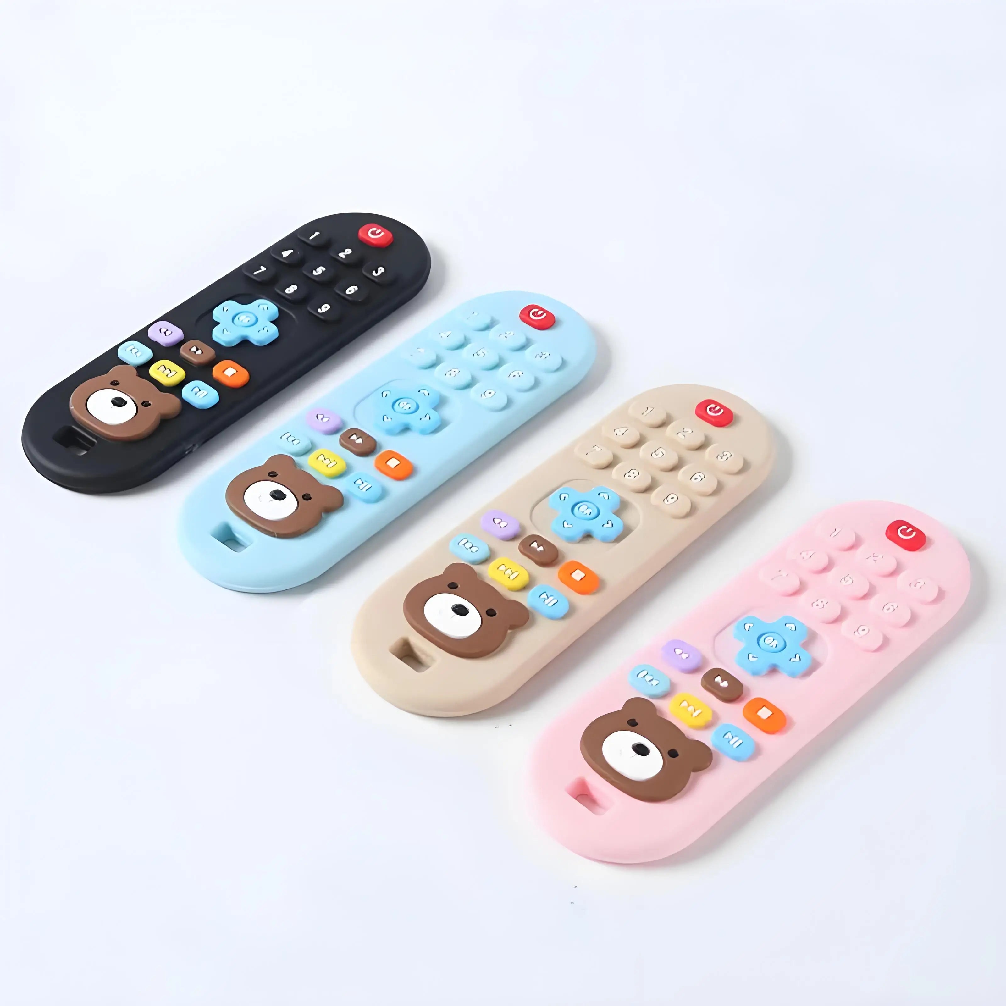 Multi-color silicone baby teething toy remote set for soothing sore gums.