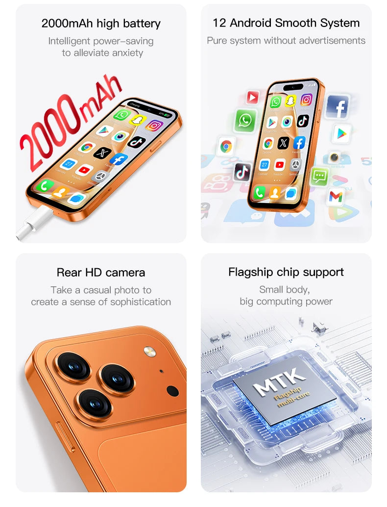 ONEMYTH A18 Pro orange mini smartphone: 4-inch display, Android 12, MTK quad-core, 2000mAh battery, and HD camera.