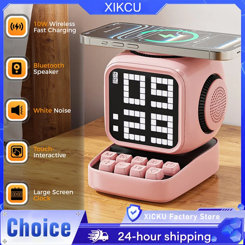 Portable Bluetooth Speaker with LED Alarm Clock and Wireless Charger Tidesmit