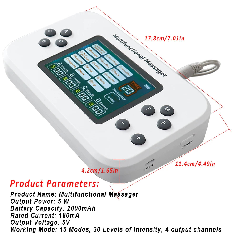 TENS EMS Muscle Stimulator with 30 Intensity Levels and 8 Pads Relaxation Treatment Tidesmit