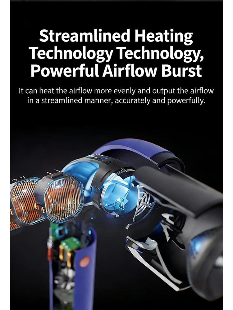 Blue high-speed hair dryer with curved-tube design and advanced heating technology for 30-second professional drying.
