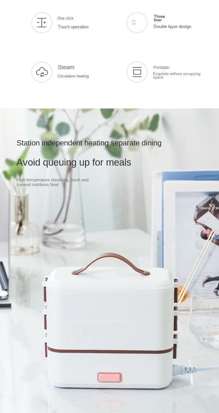 Portable electric heating lunch box, white with brown trim and connected power cable.