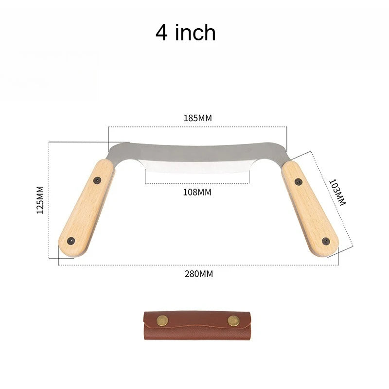 4-inch draw shave tool with gray metal blade and light wood handle, includes leather cover