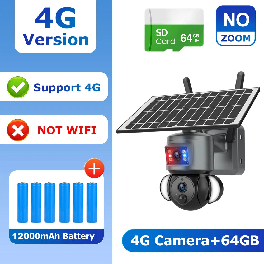 Solar dual-lens PTZ security camera with solar panel and two antennas, close front turret.