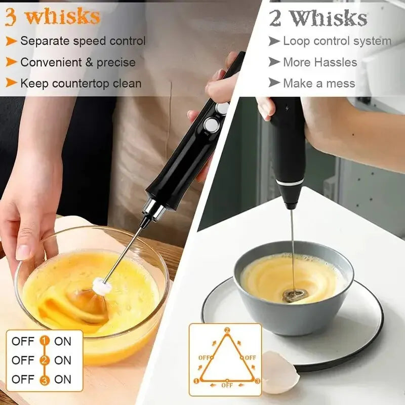 Black handheld electric milk frother and egg whisk with 3-speed control for precision mixing in a bowl.