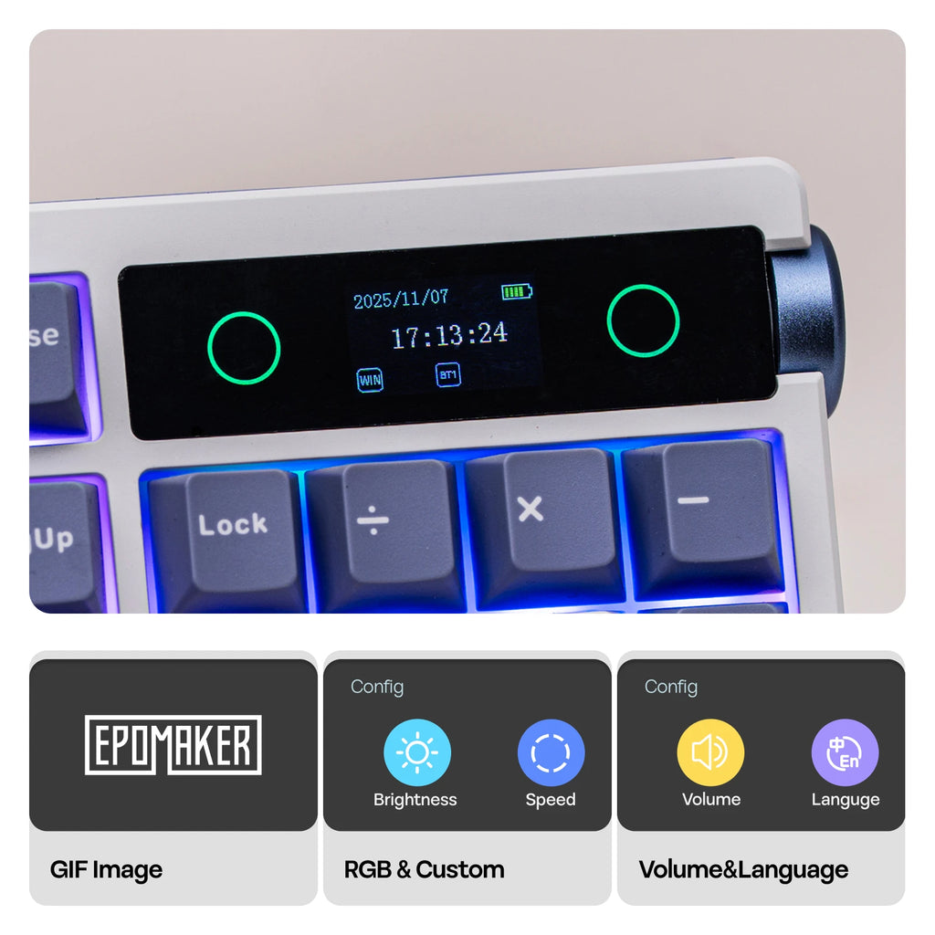 EPOMAKER TH108 PRO 100% Full-Sized Gasket-Mounted Wired/BT/2.4Ghz Wireless Mechanical Keyboard with Screen & Knob RGB Backlight