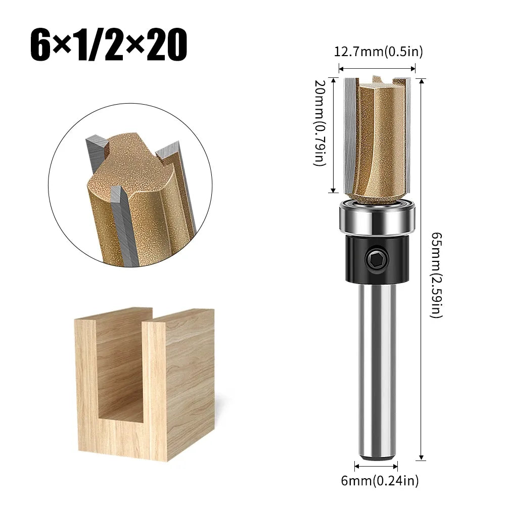 3-edge straight router bit with bearing, 6mm shank, gold carbide, 6x1/2x20mm