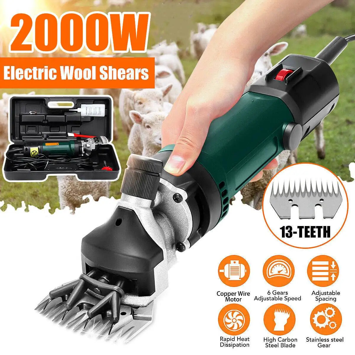 2000W electric sheep shears with 13-tooth carbon steel blade and 6-speed motor for professional wool grooming.