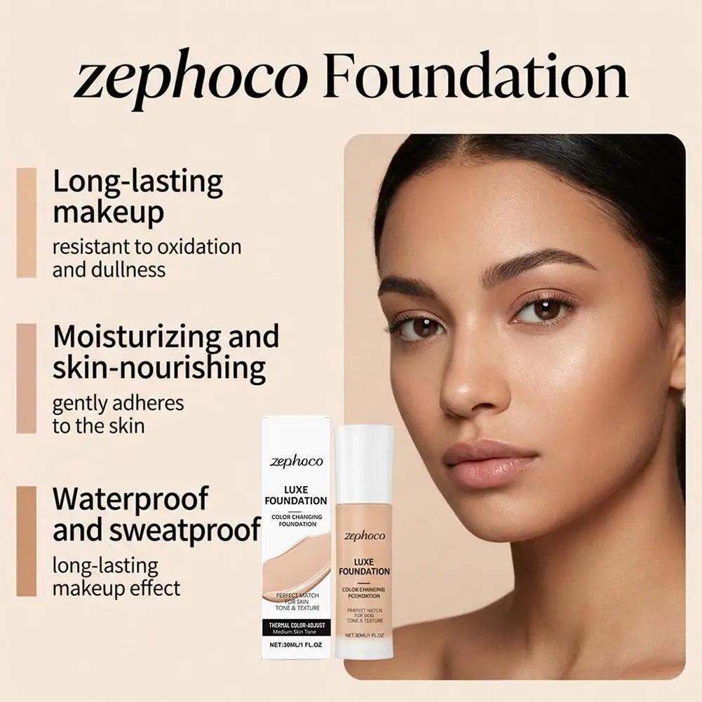 Tidesmit Zephoco Luxe thermal color changing foundation liquid texture close-up showing shade matching base finish