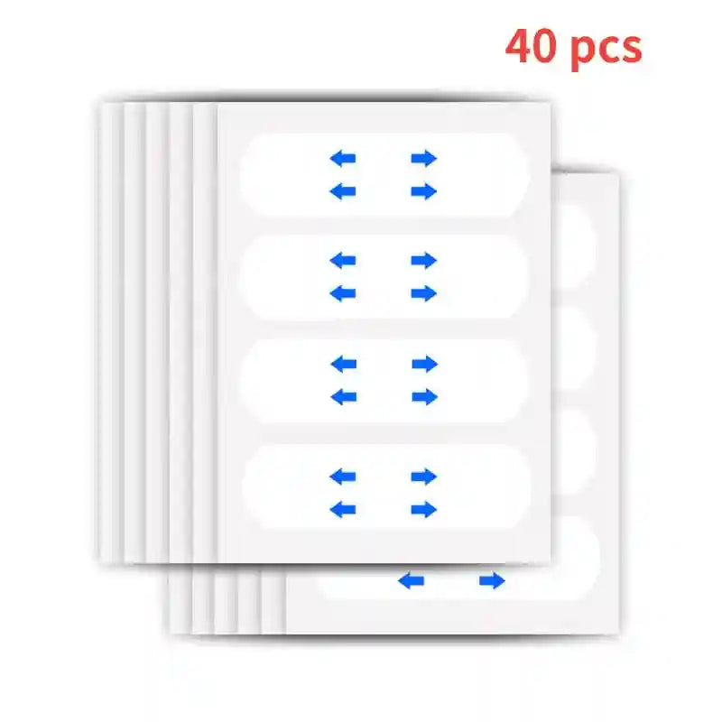 A stack of sheets with transparent, oval-shaped adhesive face lifting patches featuring small blue arrow guides.