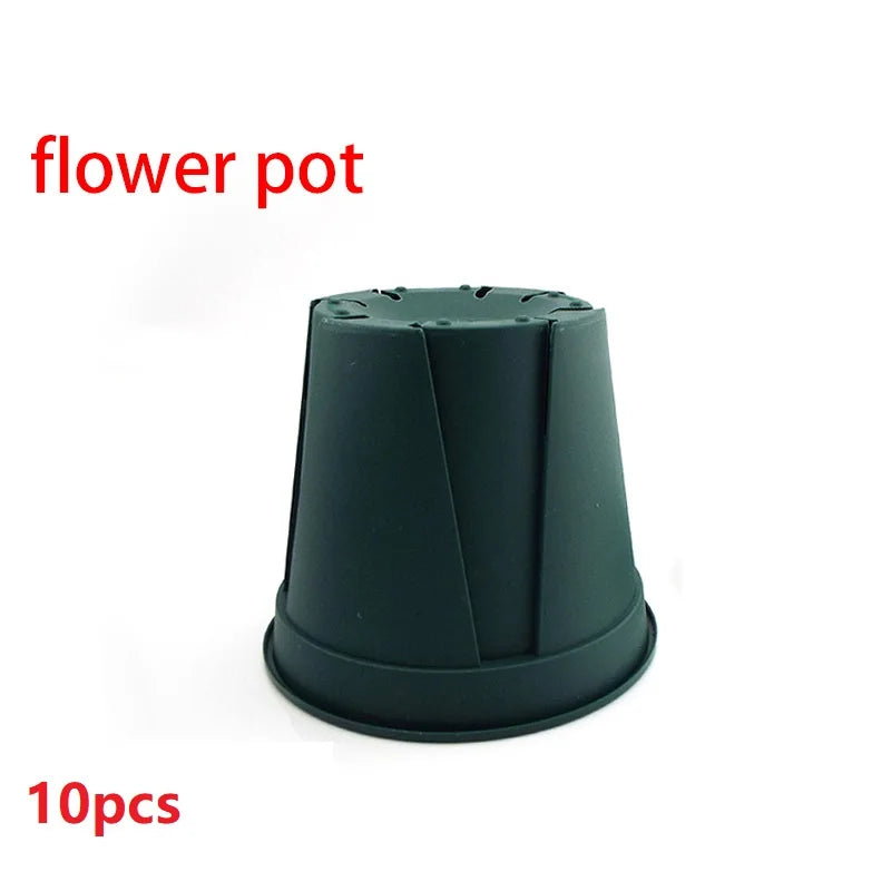 Green plastic flower pot, compact stackable design with top rim and drainage holes