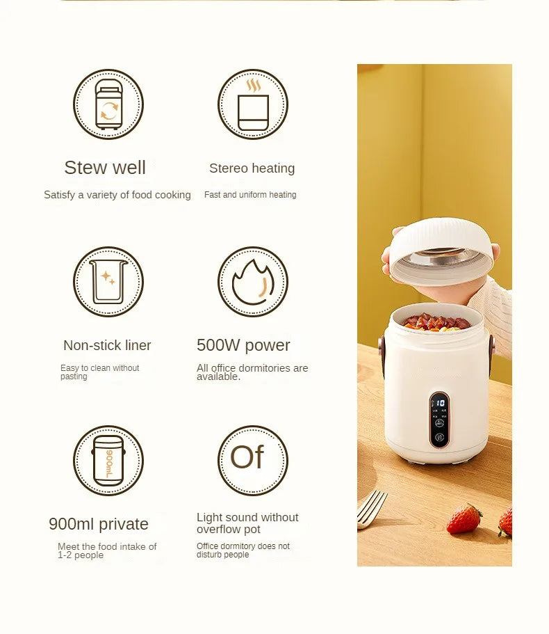 White electric stewing cup slow cooker beside feature icons and open inner pot