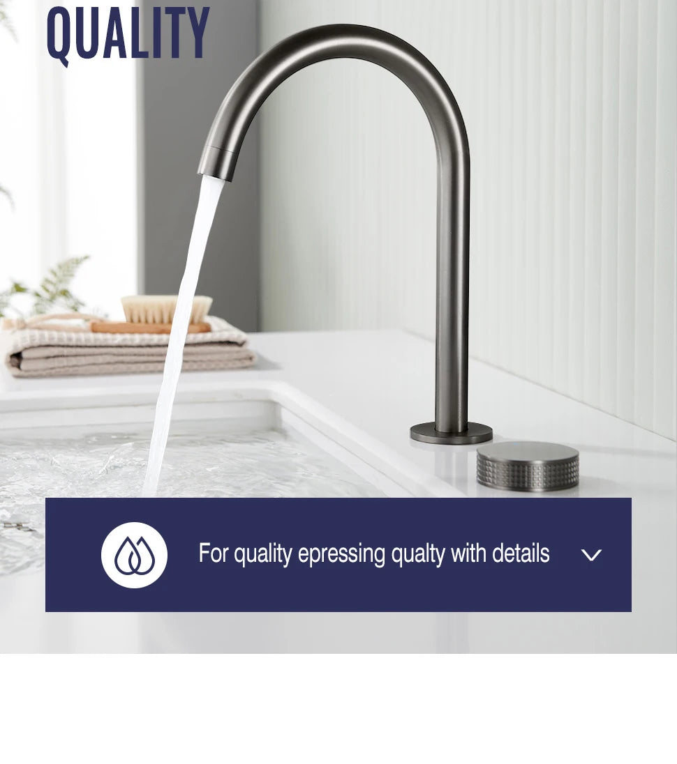 Gunmetal Basin faucet Knurled Switch 360 Rotating Spout two holes Deck Mounted Sink Tap Bathroom Widerspread Mixer 2 set