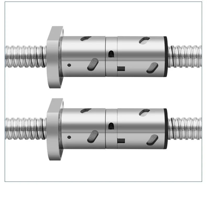 Roller ball nut housing pair on threaded ball screw, two side-by-side views
