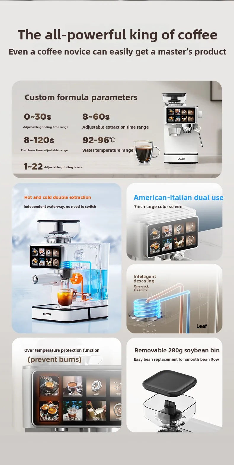White OCSI espresso machine with 7-inch touchscreen, 280g bean hopper, and adjustable hot and cold extraction settings.