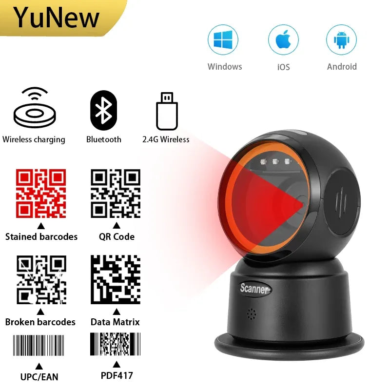 Black desktop barcode scanner with red-lit scan window and charging/cable connection icons