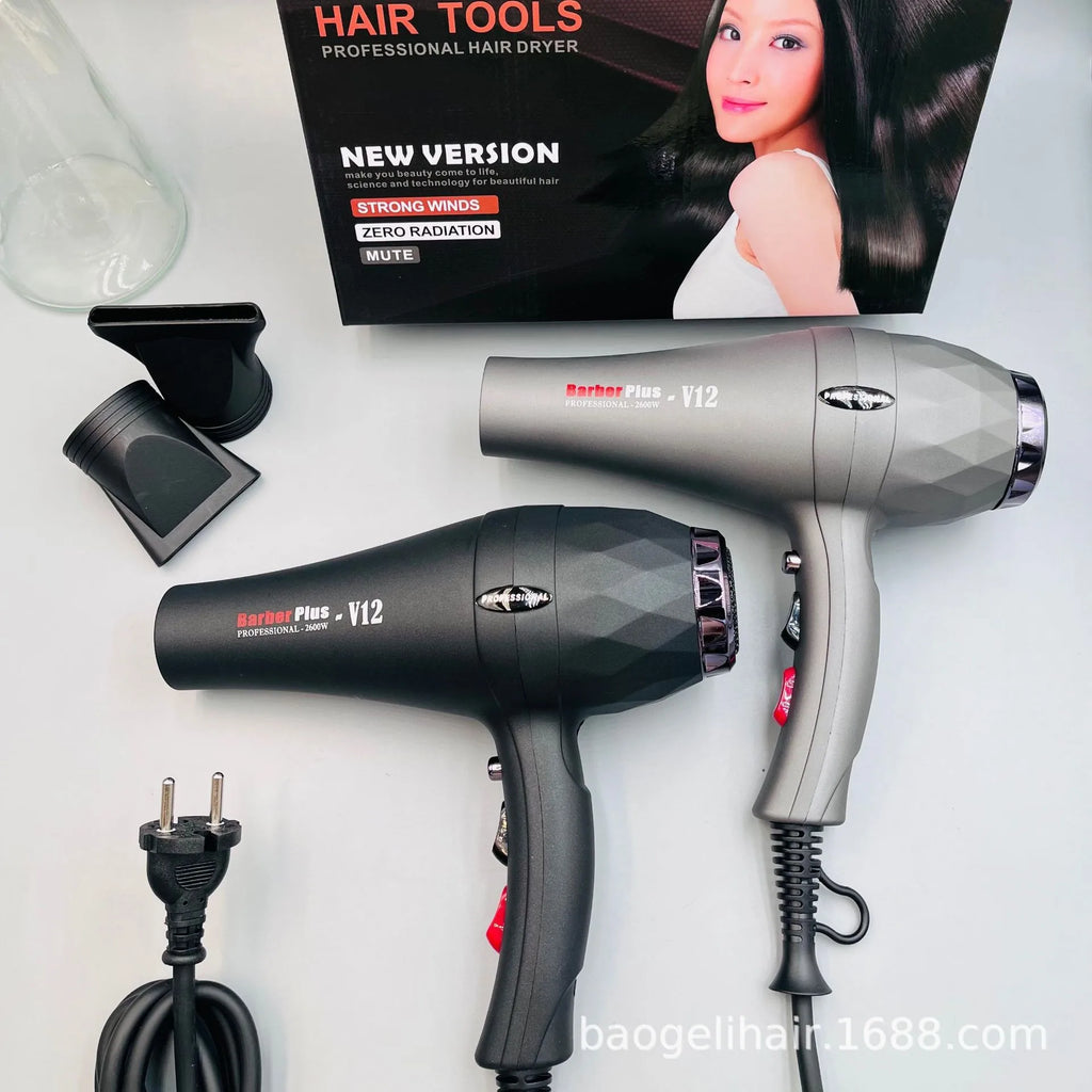 2600W professional hair dryer in black and grey with concentrator attachments for fast, salon-quality hairstyling.