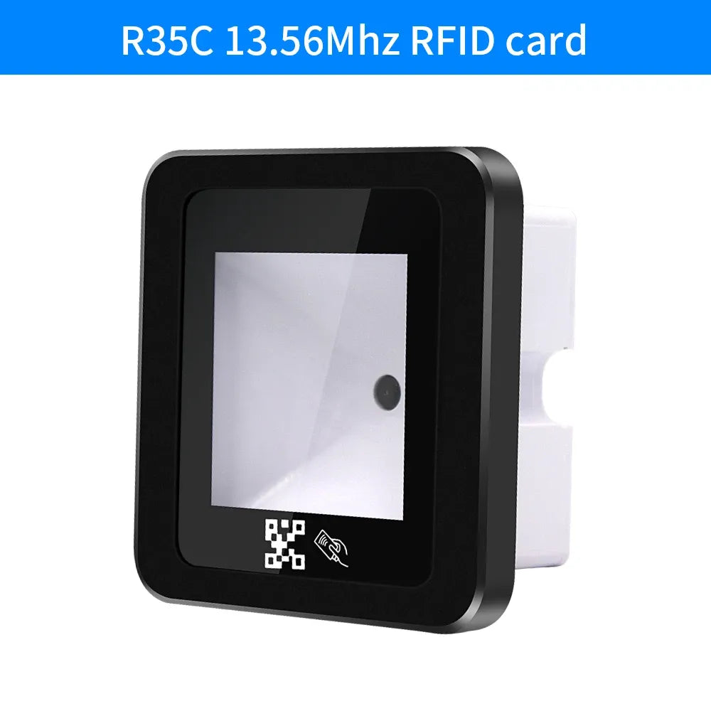 Black RFID card reader with embedded QR/barcode scanning window and status icons