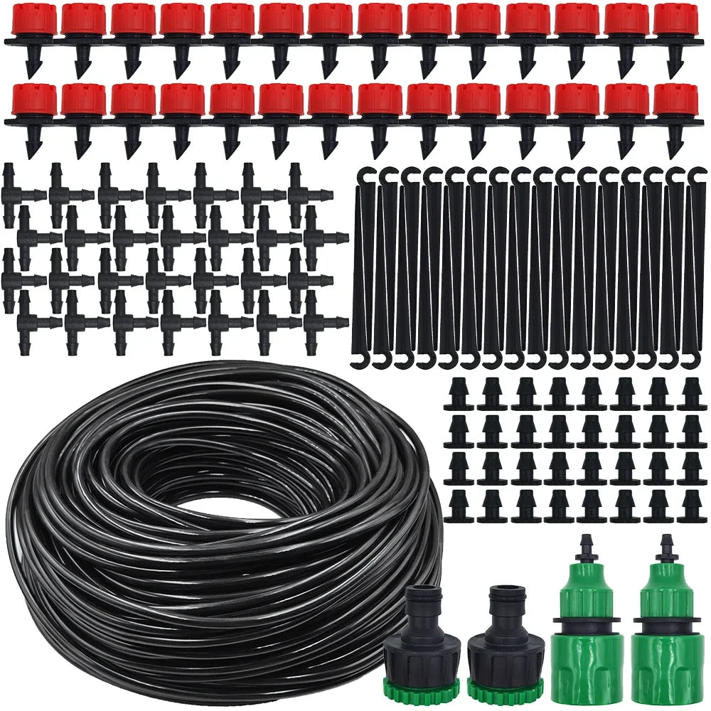 Portable micro drip irrigation system kit with 20m black hose and adjustable red drippers